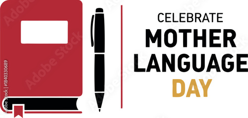International mother language day banner with a minimalist flat design illustration of a red book and a black pen, symbolizing education, literacy, and cultural diversity