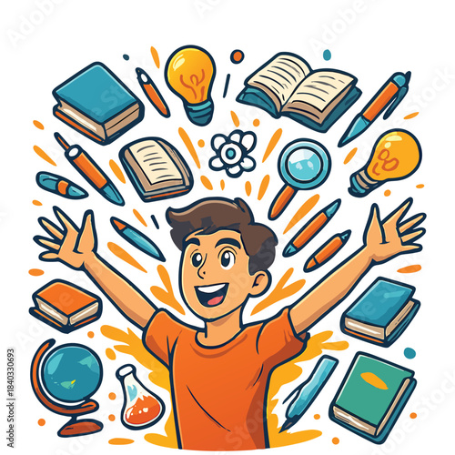  explosion of colorful study icons, floating books, pens, and lightbulbs around a joyful teenager, energetic composition, cartoonish yet modern illustration, symbolizing creativity and motivation, no 