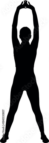 Isolated full-length human figure silhouette in a dynamic pose with arms raised high and hands clasped, representing aspiration, achievement, fitness, success, and personal growth on a crisp backdrop.
