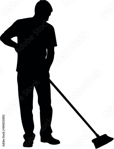 Silhouette of a male worker or homeowner diligently sweeping the floor with a long-handled broom, performing a cleaning task, isolated vector illustration on a clean white background.