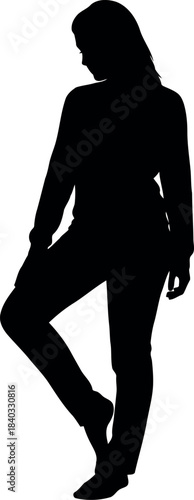Full body silhouette of a young woman standing casually with one leg bent, looking downwards, isolated on a white background. this detailed vector illustration captures a thoughtful posture.