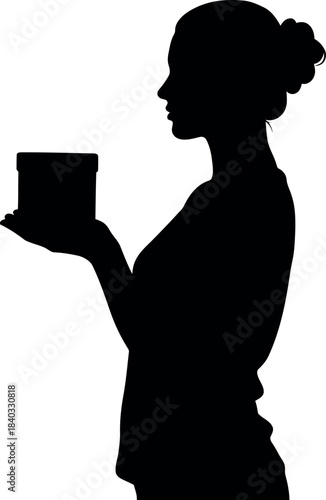 Silhouette of a woman in profile holding a small box, representing giving, offering, receiving a gift or product, unboxing, presenting, retail, or mystery. isolated graphic illustration, vector.