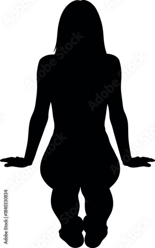 Silhouette of a seated woman viewed from the back, with long hair and a slender figure, resting her hands on the surface, depicting a calm and contemplative posture, isolated on white.