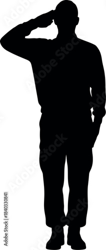 Silhouette of a distinguished military serviceman or soldier in uniform, standing at attention and performing a precise, respectful salute, embodying honor, duty, patriotism, and national service.