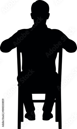 Silhouette of a man sitting on a chair, viewed from the back, displaying a pensive or contemplative posture, isolated on a white background, perfect for graphic design and conceptual projects