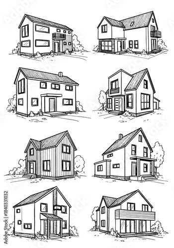 Hand Drawn Collection of Eight Different Residential Houses (Architectural Sketch Set)