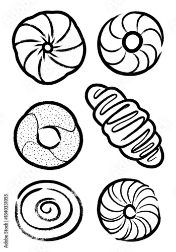 Grunge ink brush stroke collection of bakery and dessert symbols, featuring abstract bagels, spiraled cinnamon rolls, and sweet pastry shapes