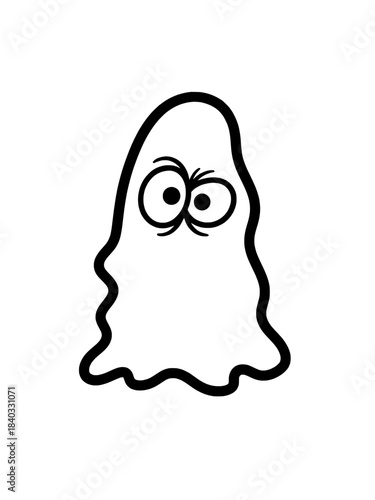Funny little ghost character line art drawing, whimsical spooky Halloween spirit mascot doodle, black outline vector icon