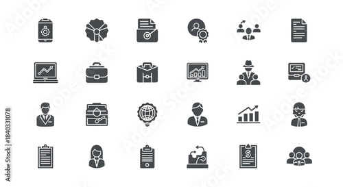 Collection of business and management icons, each meticulously crafted with a clean, minimalist glyph style, isolated on