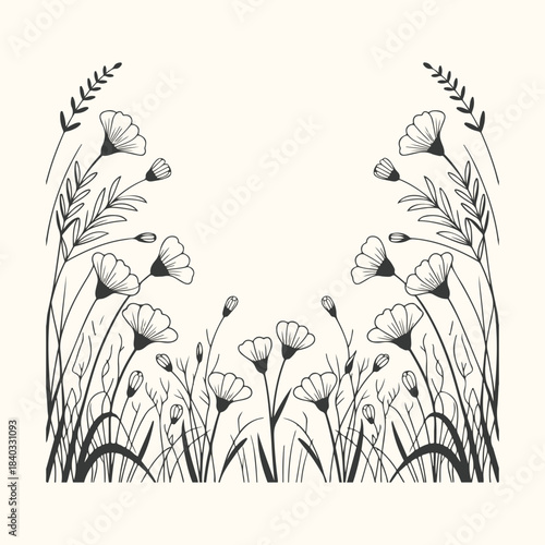 Delicate outline drawing of wild flowers and grass border wildflowers floral