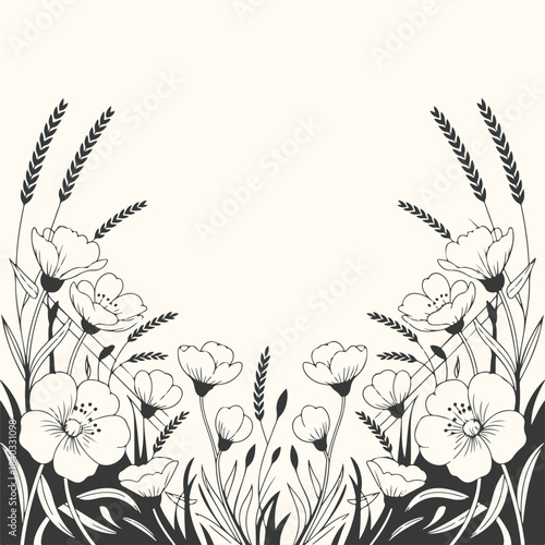 Stylized illustration of poppies and wheat stalks border flowers floral