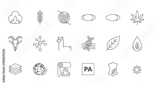 Set of linear icons of natural fabrics and materials eco production and recycling isolated on