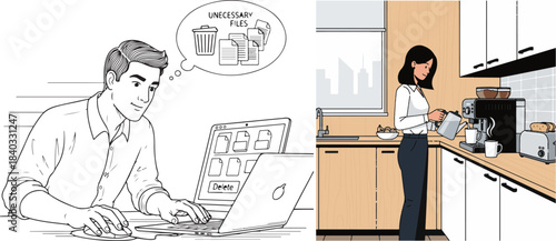 Duo-tone Drawing of Office and Kitchen Scenes with People