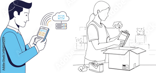 Flat Design Illustration of Person Using Smartphone and Packaging Box