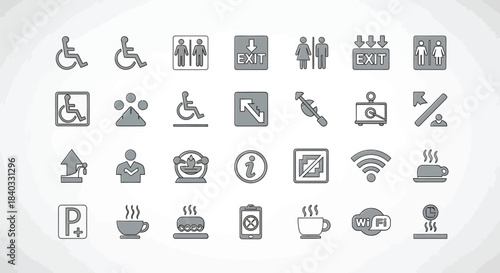 Collection of public information icons isolated on, featuring handicap, elevator, exit, restroom, wifi, and coffee