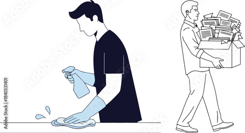 Line Art Illustration of Cleaning and Carrying Papers