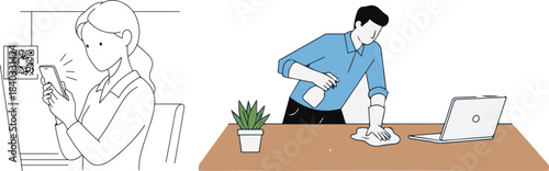 Line Art Illustration of Woman Scanning QR Code and Man Cleaning Desk