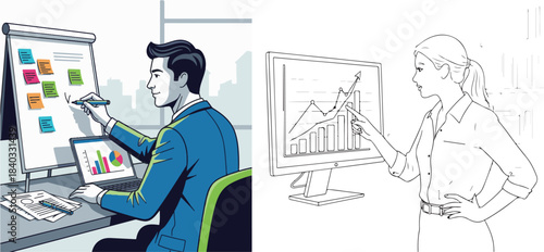 Business Meeting with Flip Chart and Computer Analysis