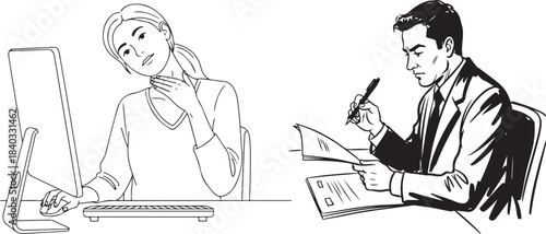 Line Art of Office Workers, Neck Stretch and Paperwork