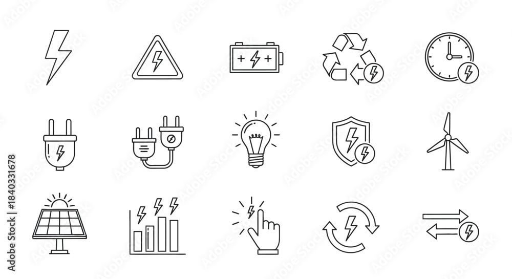 Fototapeta premium Collection of various energy and electricity icons isolated on perfect for energy, power, and sustainability related projects