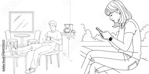 Minimalist Line Art Illustration Depicting Modern Lifestyles and Daily Routines