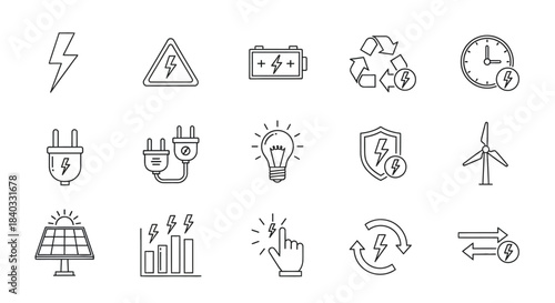 Collection of various energy and electricity icons isolated on perfect for energy, power, and sustainability related projects