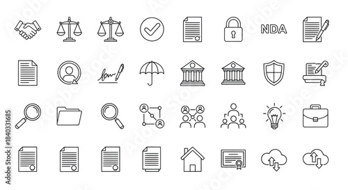 Collection of legal and business icons isolated on, representing various aspects of law, agreement, and corporate processes