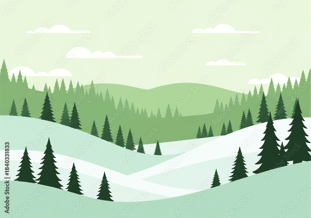 Fototapeta premium Winter Green Forest Landscape with Snow