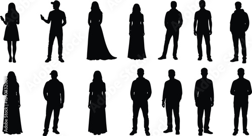 Collection of male and female human silhouettes in casual standing poses isolated on white background for fashion character and lifestyle stock design