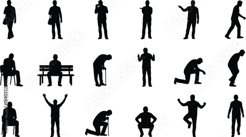 Collection of male human silhouettes in business daily activities emotional gestures sitting kneeling and walking poses isolated on white background