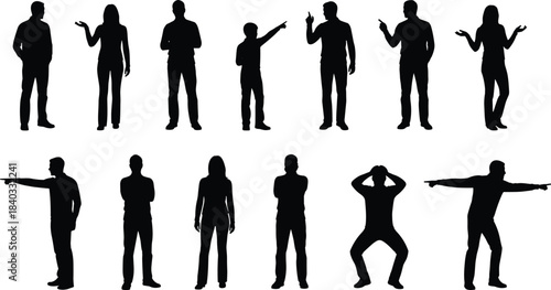 Collection of male female and child human silhouettes showing pointing thinking explaining and confused gestures isolated on white background for stock design use