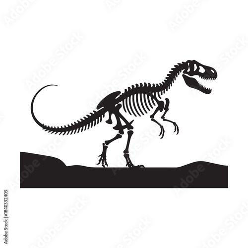 Ferocious Tyrannosaurus Rex Skeleton Silhouette Standing on Rock Against White Background. 