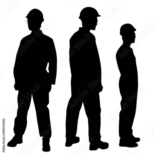 Silhouettes of three construction workers in hard hats showing different heights