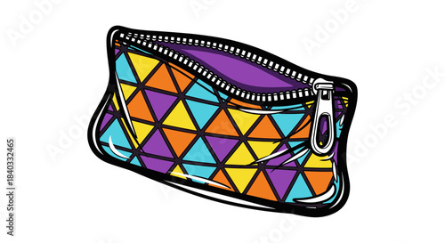 Colorful geometric pouch with stuck zipper isolated on white background, featuring vibrant triangles and bold outlines