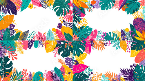 Colorful tropical floral frames featuring vibrant leaves and botanical elements. Ideal for invitations, summer cards, posters, and decorative designs with bright nature accents.