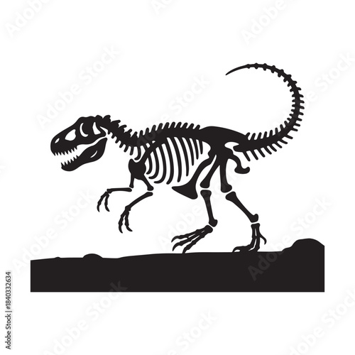 Ferocious Tyrannosaurus Rex Skeleton Silhouette Standing on Rock Against White Background. 