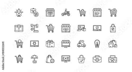 Set of shopping icons, including cart, store, online shop, delivery, payment isolated on vector illustration of ecommerce