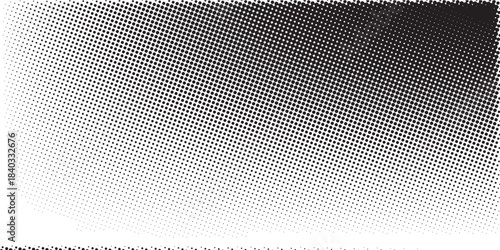 Grunge halftone corner gradient. Distress fading grit noise background. Retro pixel backdrop texture. Black and white sand wallpaper. Vector textured gritty surface. Anime or manga style comic overlay