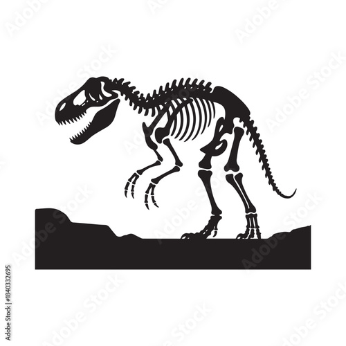 Ferocious Tyrannosaurus Rex Skeleton Silhouette Standing on Rock Against White Background. 