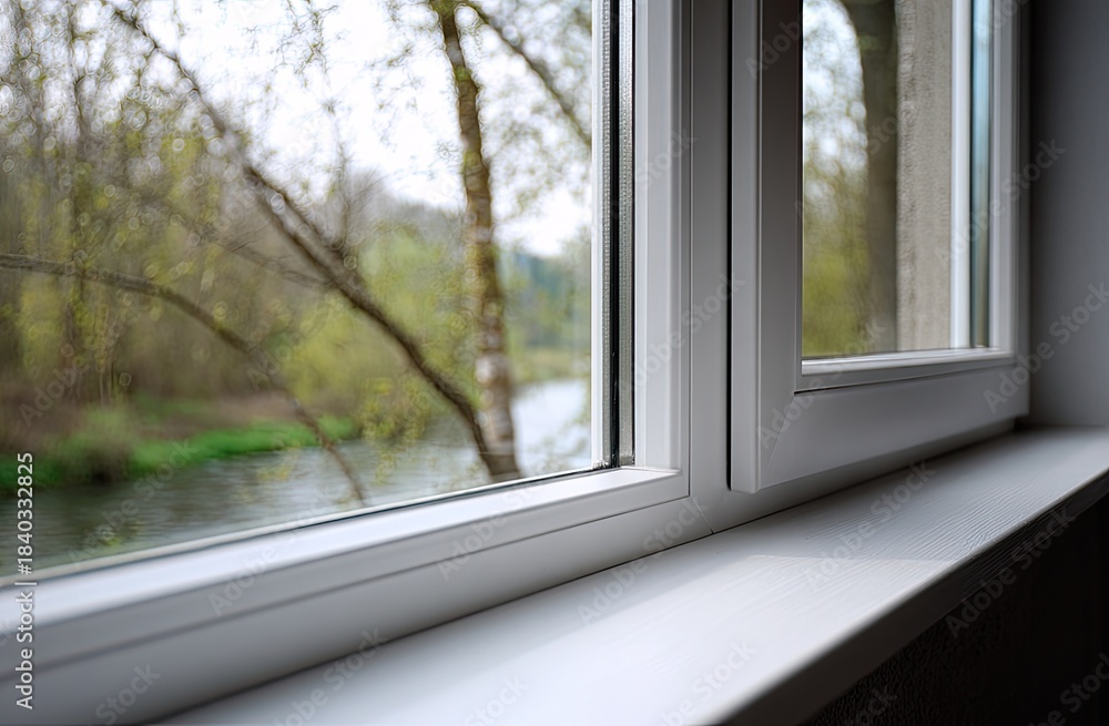 Fototapeta premium A close-up view of a bright white window overlooking a tranquil river scene