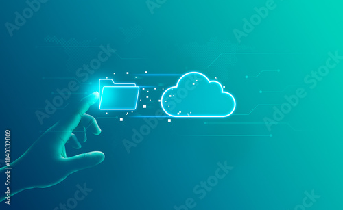 Cloud storage digital folder secure concept, Systematic data storage, access remote backup seamless management, Hand click on digital cloud folder, symbolizing secure online backup, file management