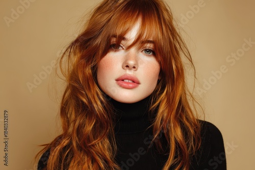 Redhead woman with freckles and bangs wears a black turtleneck sweater. Perfect for beauty, fashion, or lifestyle project with a stylish female face.