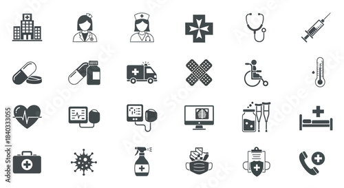 Collection of medical and healthcare icons isolated on hospital, doctor, nurse, ambulance, stethoscope, syringe, pill and other medical equipment