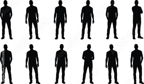 Large collection of male human silhouettes in neutral standing poses isolated on white background for stock illustration and reference design use