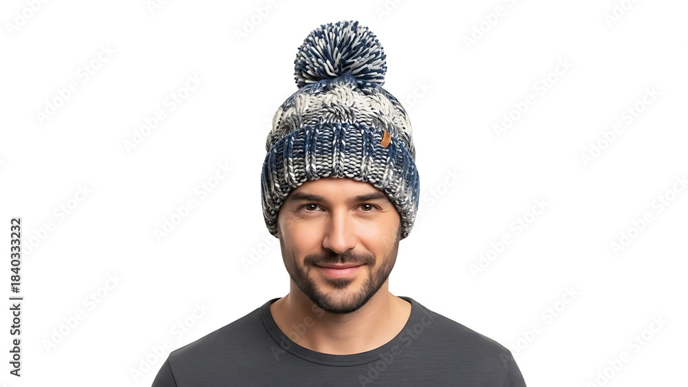Fototapeta premium A man is wearing a stylish warm beanie with a bobble isolated on a transparent background