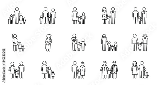 Family line icon set vector isolated illustration of family members family with children, parents, grandparents isolated on