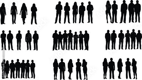 Large collection of people group silhouettes in standing social poses isolated on white background for teamwork community and corporate stock design use