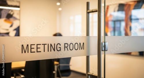 Glass door with 'Meeting Room' sign, inside a modern office space.