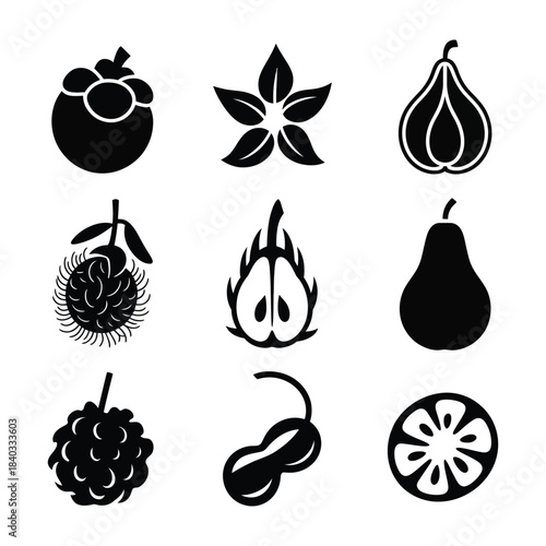 Exotic Tropical Fruits Silhouette Icon Illustration