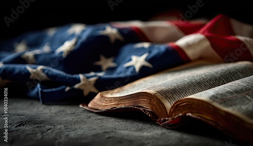 Close-up of open book with aged pages, US flag draped behind on a dark surface